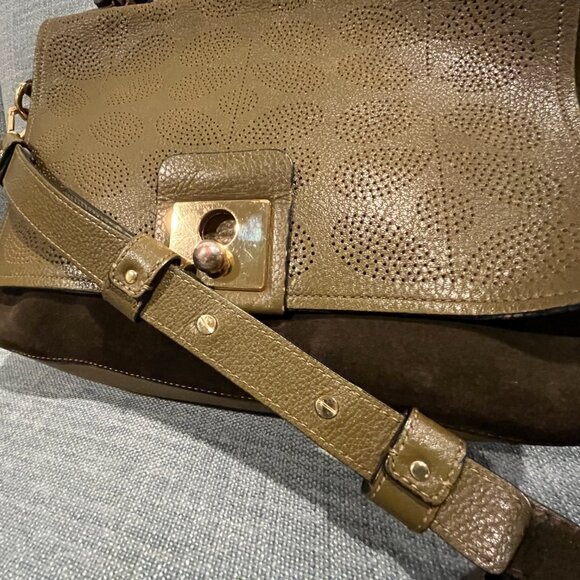 Orla Kiely Stem Olive Green Punched Leather Crossbody Messenger Bag - Picture 9 of 10